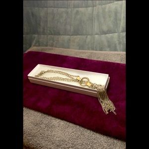 Silver Chain Tassle Long Necklace with Rhinestone Clasps and Heart Clasp